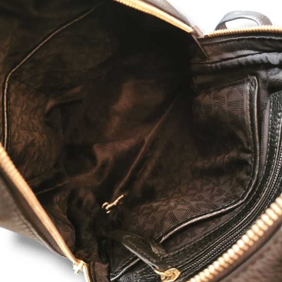 MICHAEL KORS Rhea Medium Black Studded Pebbled Leather Gold Details Backpack